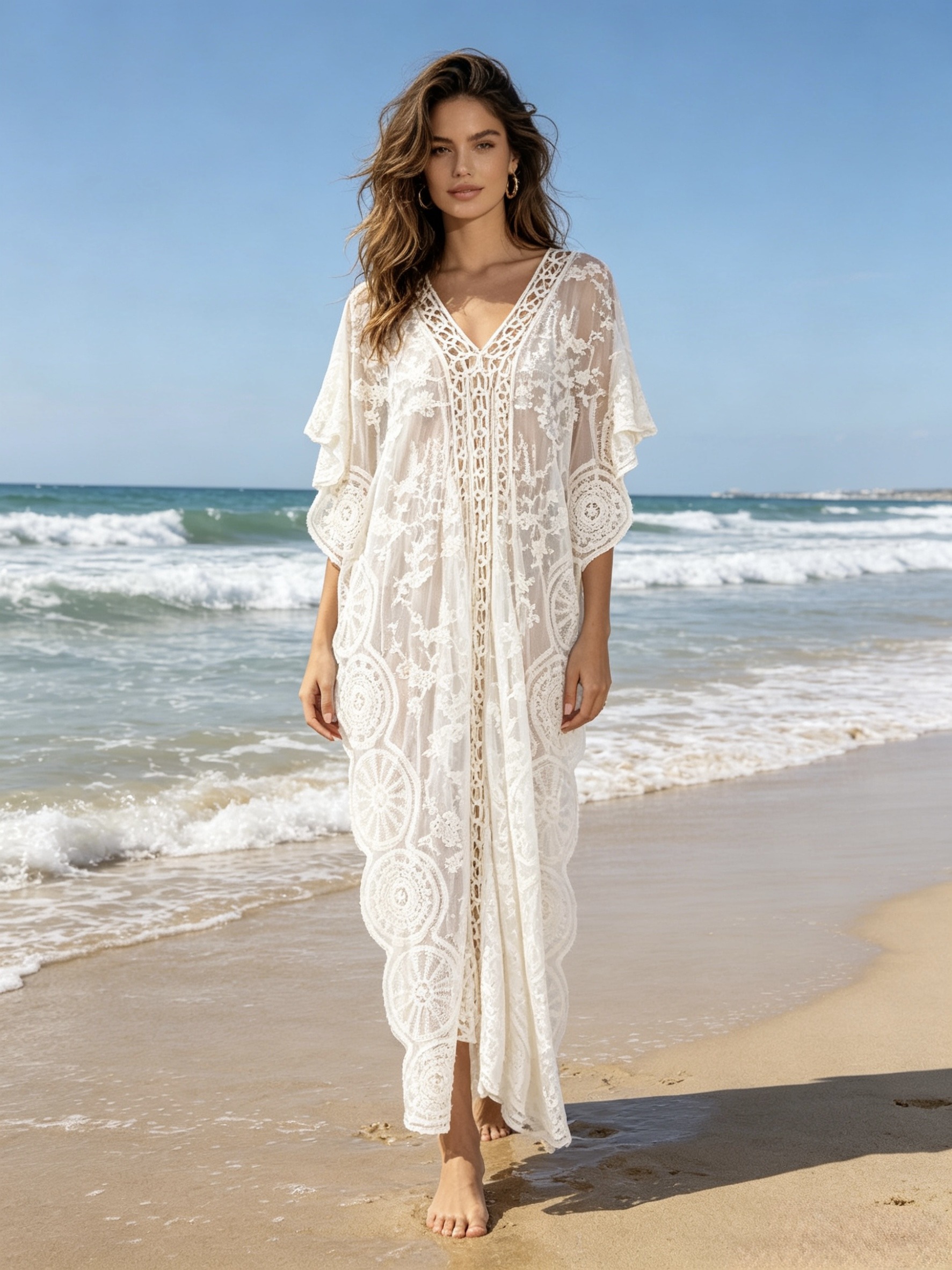 Großhändler M&P Accessoires - Langes Strandkleid aus durchbrochener Spitze