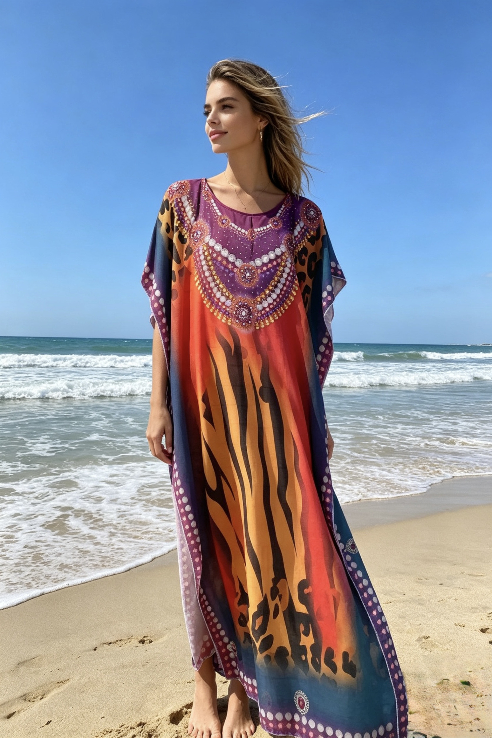 Großhändler M&P Accessoires - Langes Strandkleid mit Print und Strass