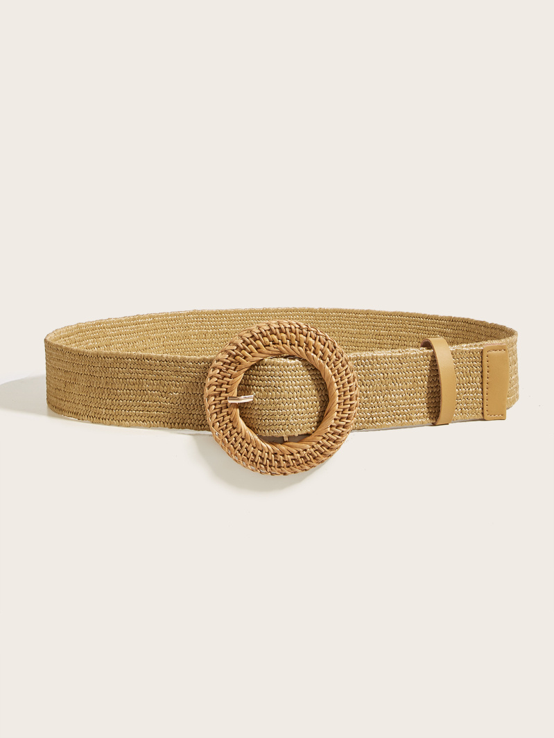 Grossiste M&P Accessoires - Ceinture élastique raphia avec boucle rond en bambou naturel