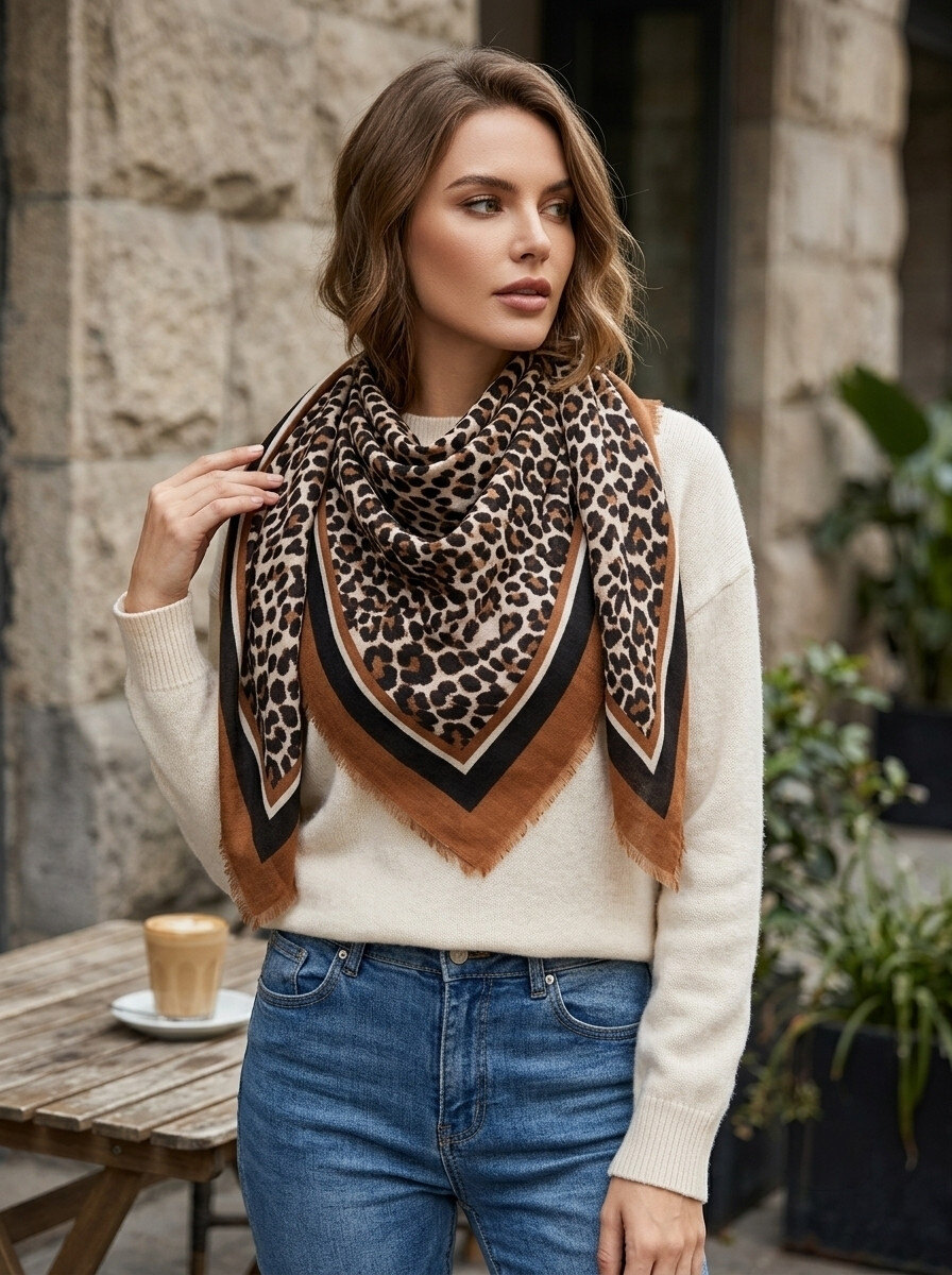 Grossiste M&P Accessoires - Écharpe douce hiver châle carré 110cm imprimé animalier léopard