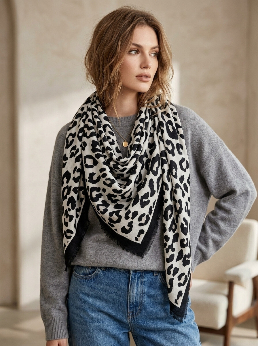 Grossiste M&P Accessoires - Écharpe douce hiver châle carré 110cm imprimé animalier léopard
