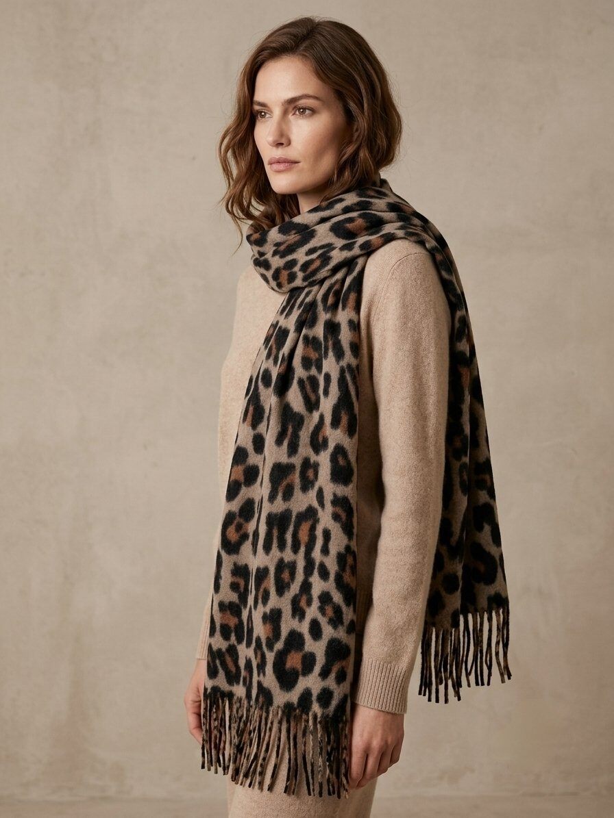 Großhändler M&P Accessoires - Leopardenmuster-Winterschal mit Fransen