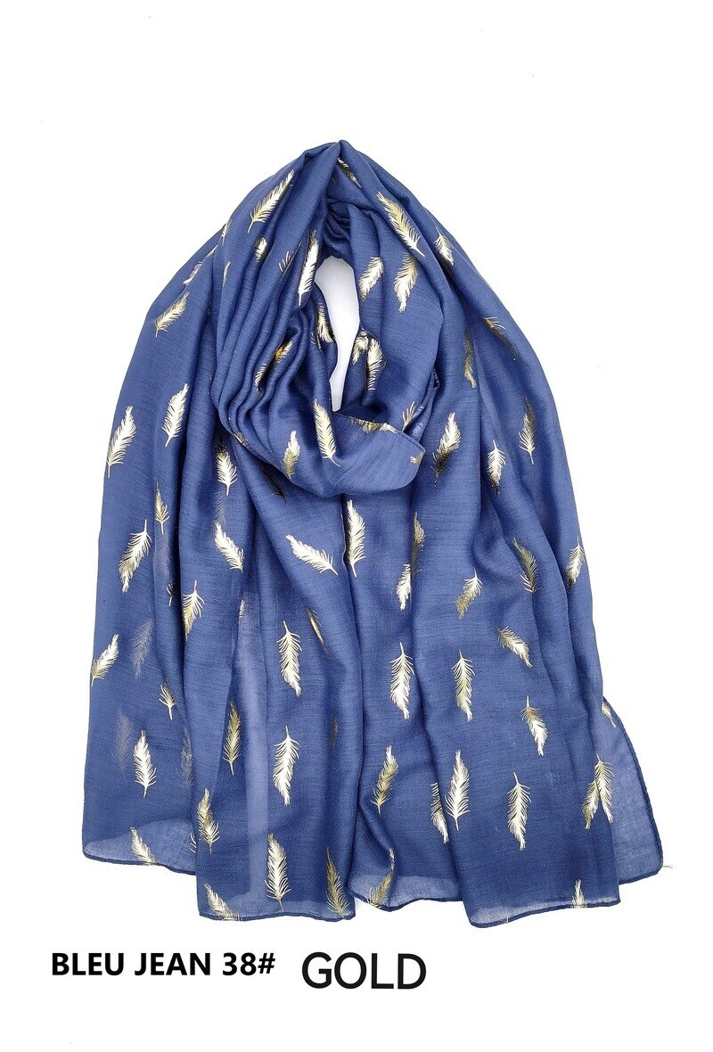 Wholesaler M&P Accessoires - Shiny golden printed scarf with feather pattern