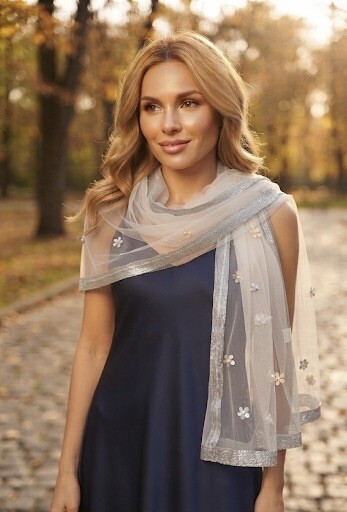 Mayorista M&P Accessoires - Chal de noche o boda, transparente con flores y perlas