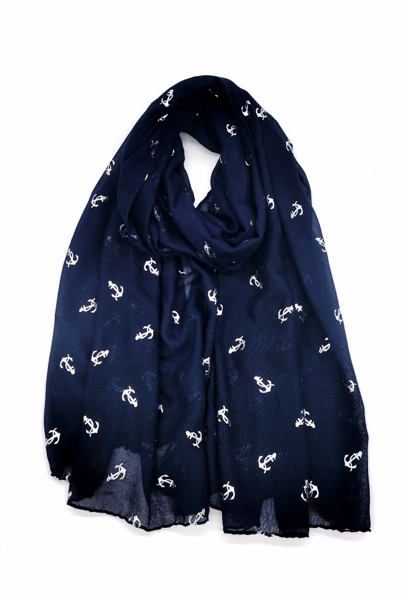 Wholesaler M&P Accessoires - Printed shiny silver scarf with nautical anchor pattern