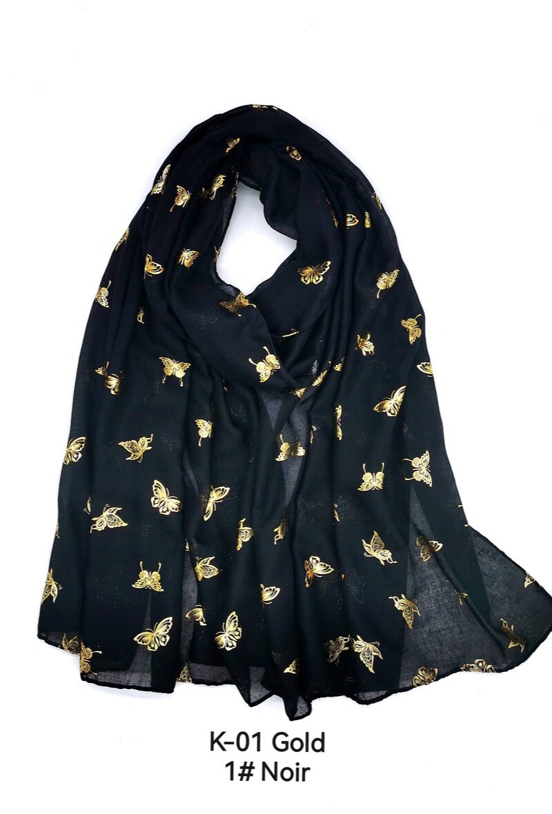 Großhändler M&P Accessoires - Glänzender goldener Schal mit Schmetterlingsmuster