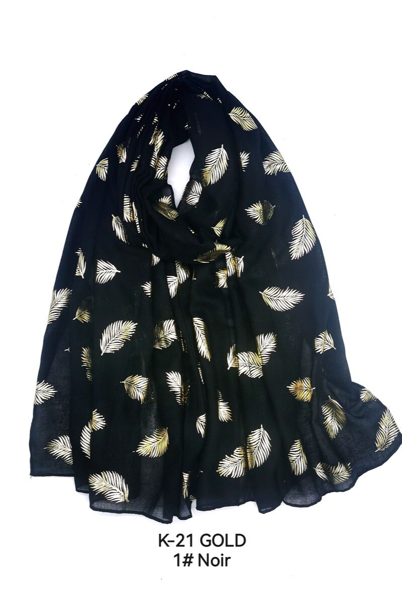 Wholesaler M&P Accessoires - Shiny golden printed scarf with leaf pattern