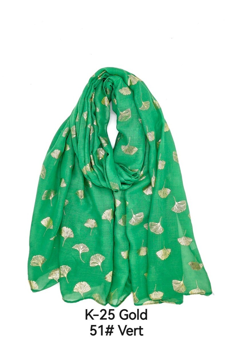 Wholesaler M&P Accessoires - Shiny gold printed scarf with ginkgo leaf pattern