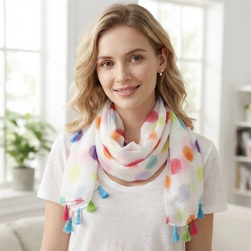 Grossiste M&P Accessoires - Foulard imprimé pois multicolore avec pompons