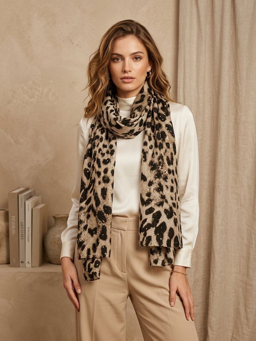 Grossiste M&P Accessoires - Foulard imprimé léopard avec dorure