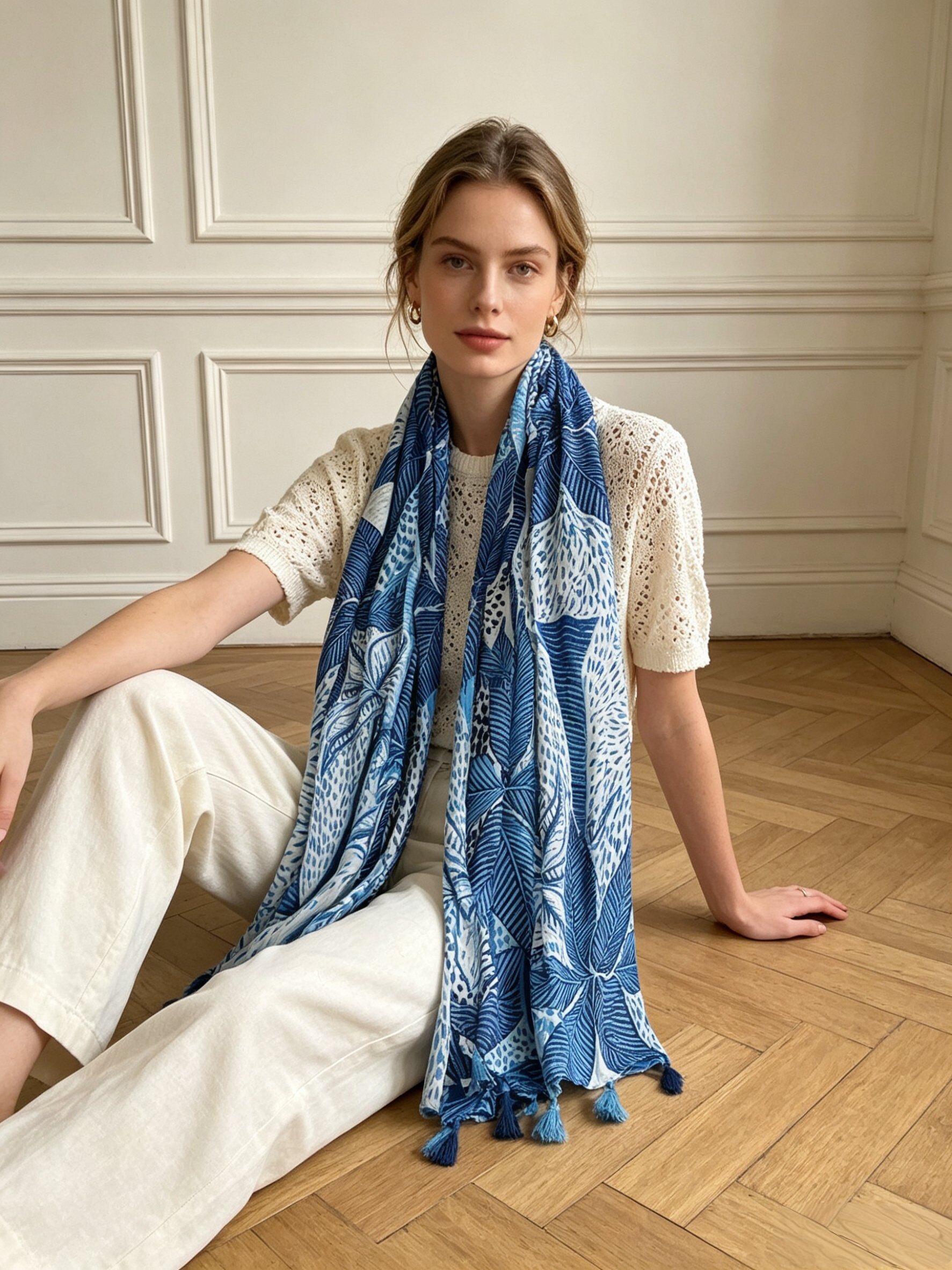 Grossiste M&P Accessoires - Foulard imprimé feuilles avec pompons
