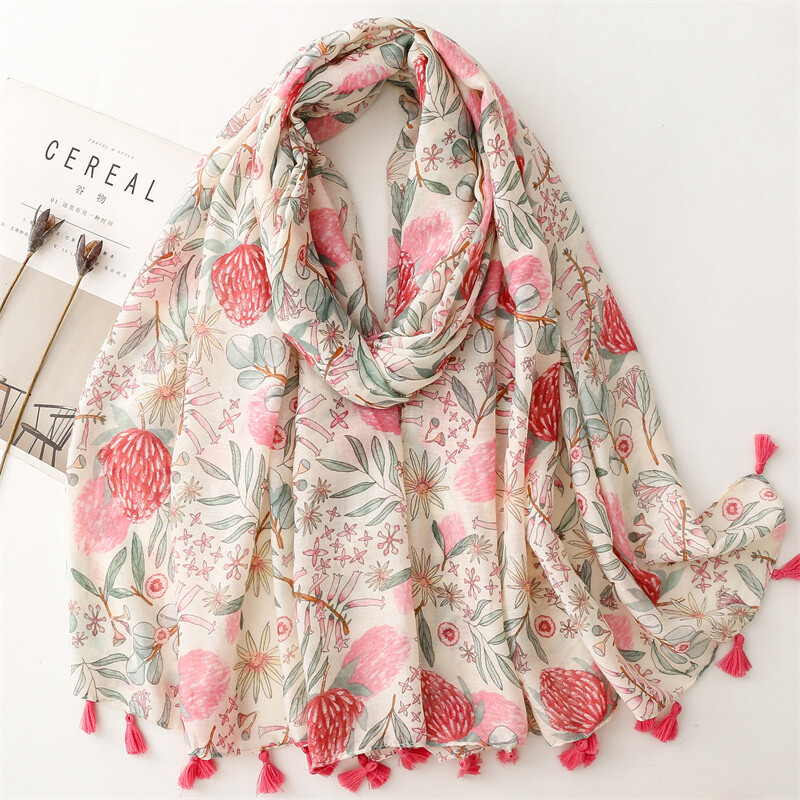 Grossiste M&P Accessoires - Foulard imprimé fleurs avec pompons