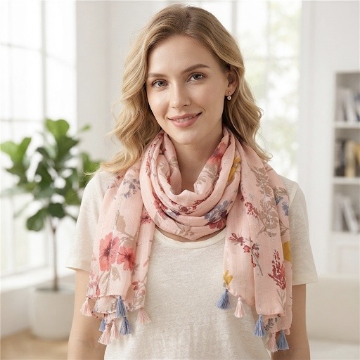 Grossiste M&P Accessoires - Foulard imprimé fleurs avec mini sequins et pompons