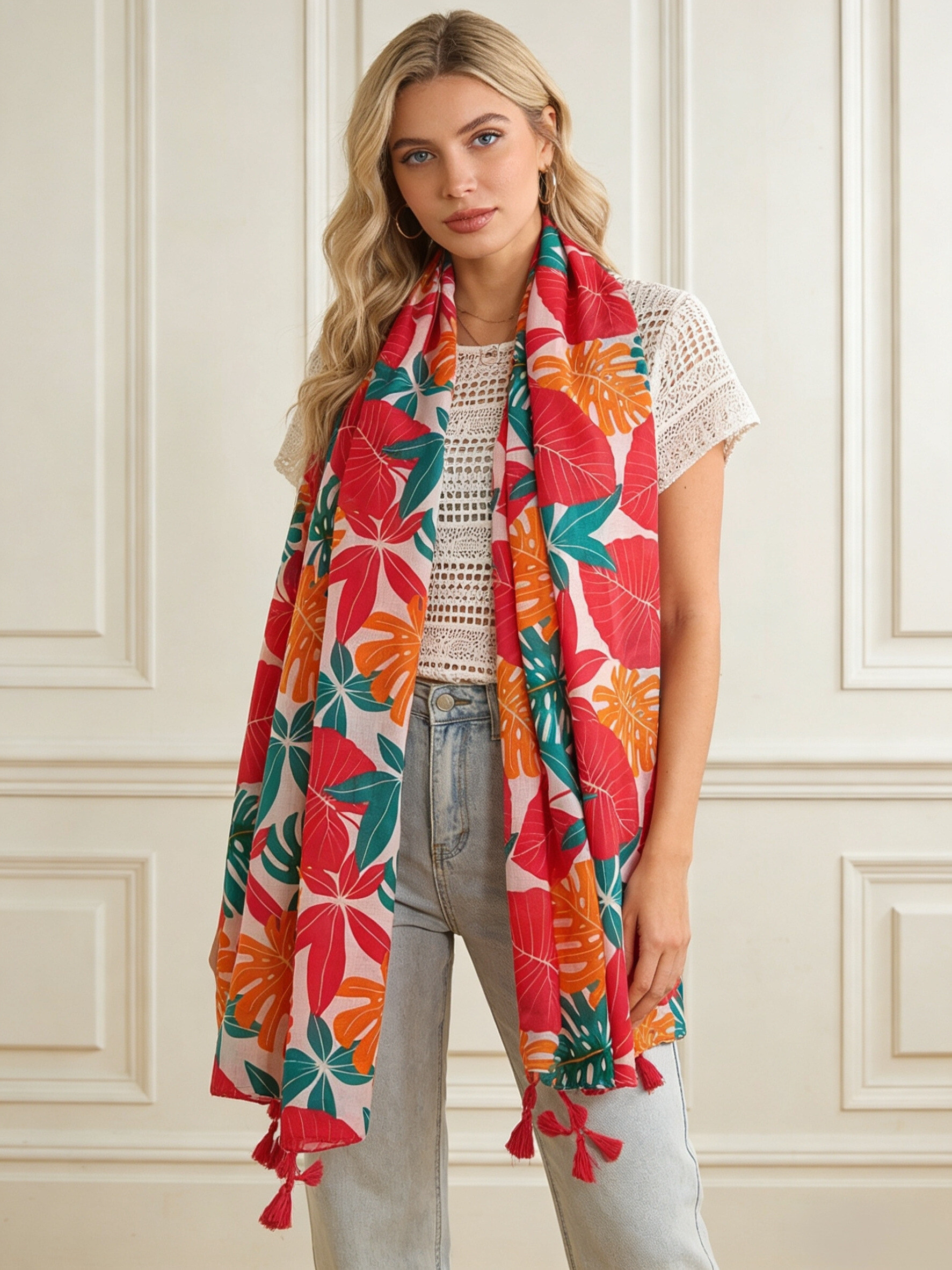 Wholesaler M&P Accessoires - Flower print scarf with pompoms