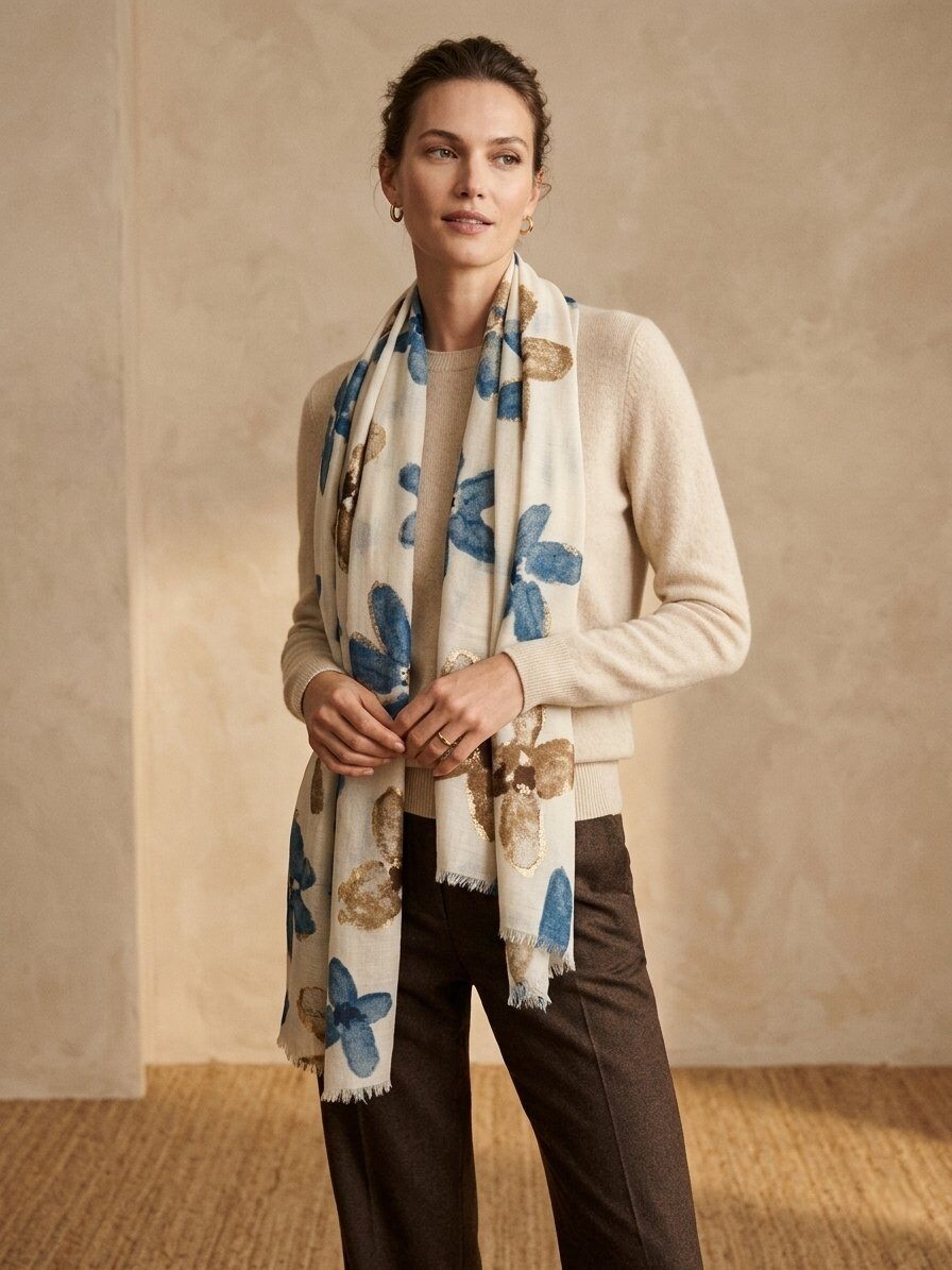 Grossiste M&P Accessoires - Foulard imprimé fleurs avec dorure