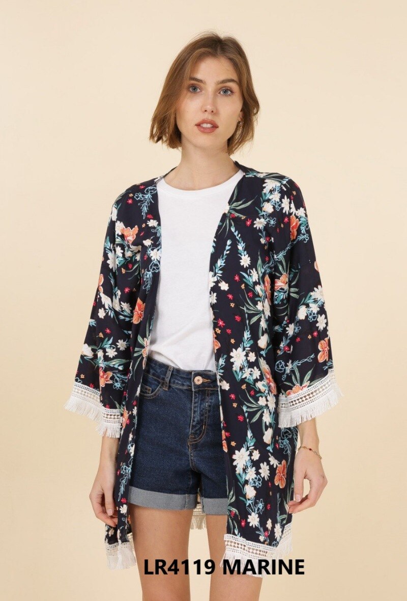 Grossiste M&P Accessoires - Kimono gilet imprimé feuilles et dentelle