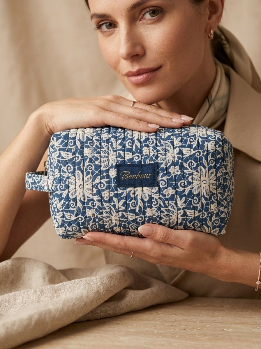 Großhändler M&P Accessoires - Kleine rechteckige gesteppte Baumwoll-Kosmetiktasche mit Druckmuster