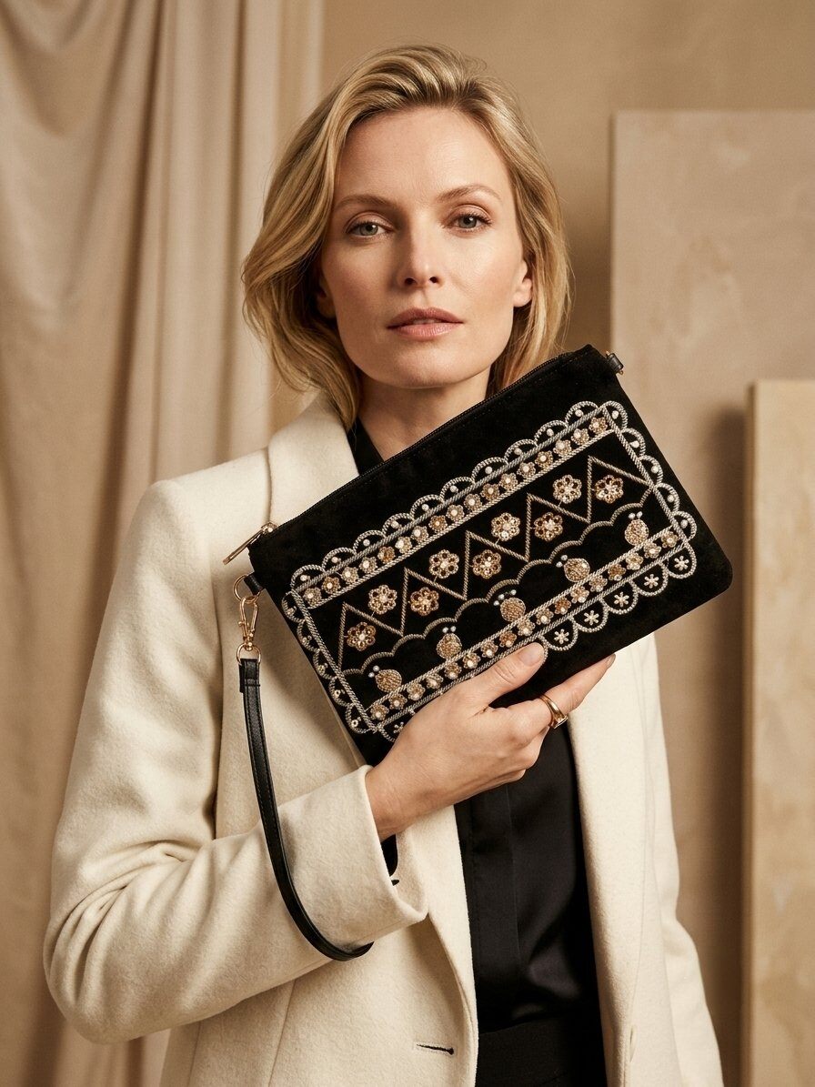 Grossiste M&P Accessoires - Pochette avec dragonne imitation suède daim ornée de broderie