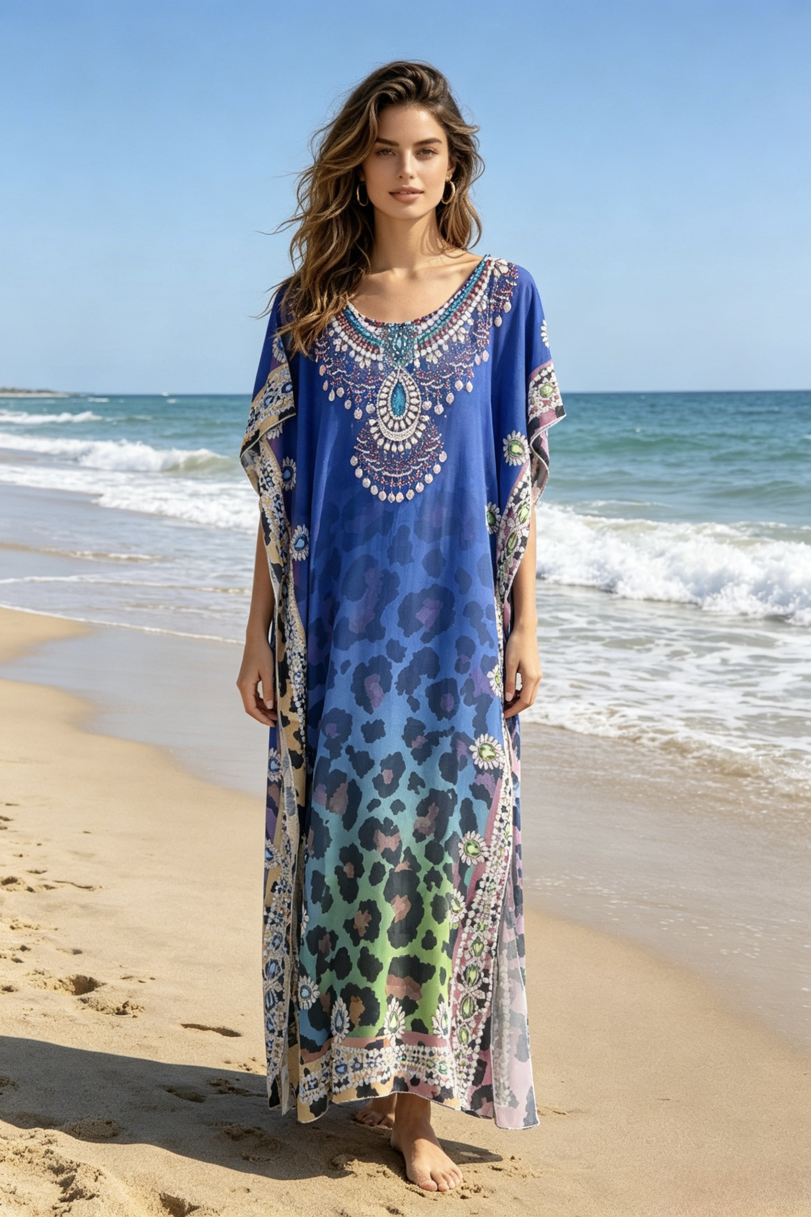 Grossiste M&P Accessoires - Kaftan maxi imprimé léopard et bijoux avec strass