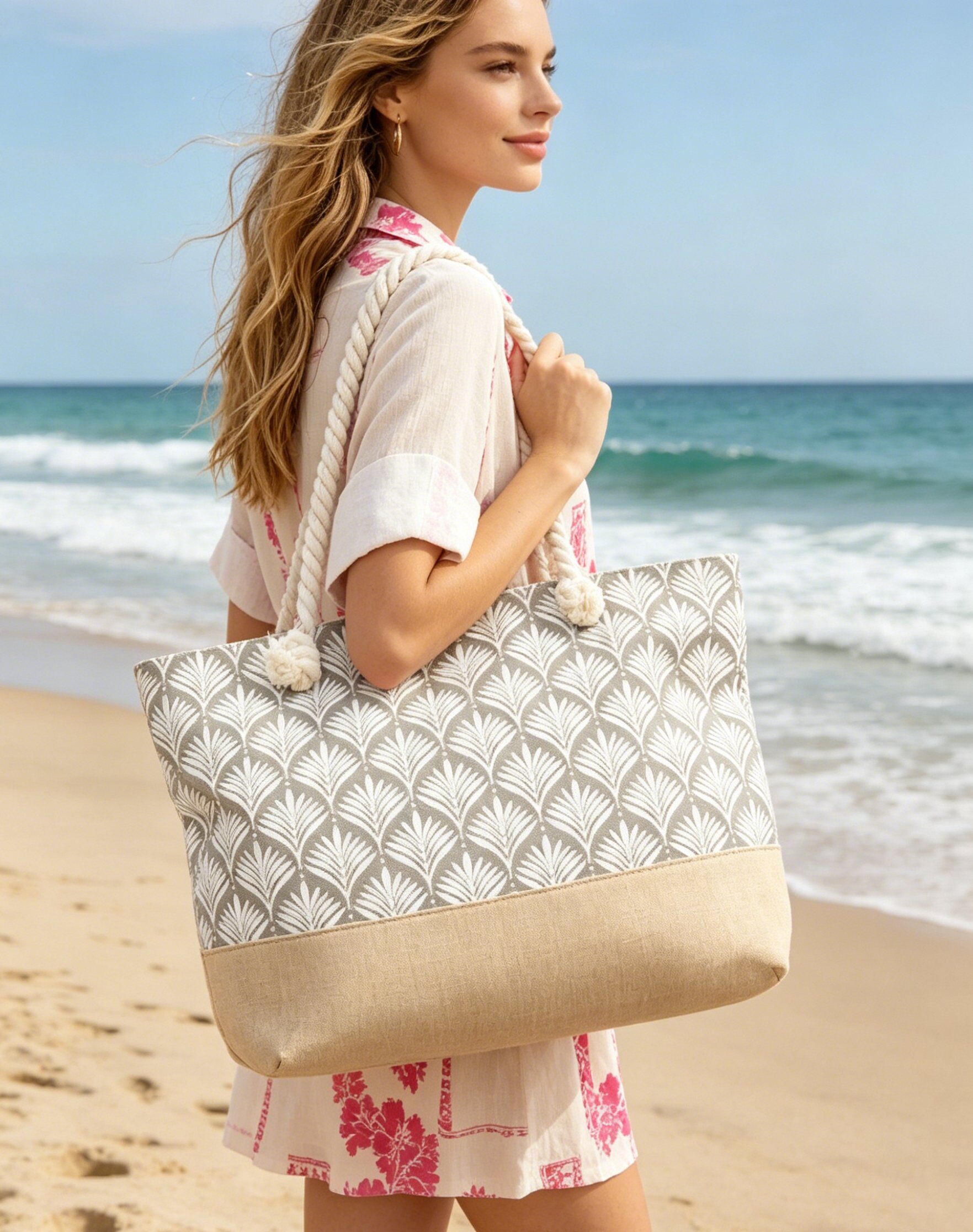 Grossiste M&P Accessoires - Sac cabas plage zippé imprimé