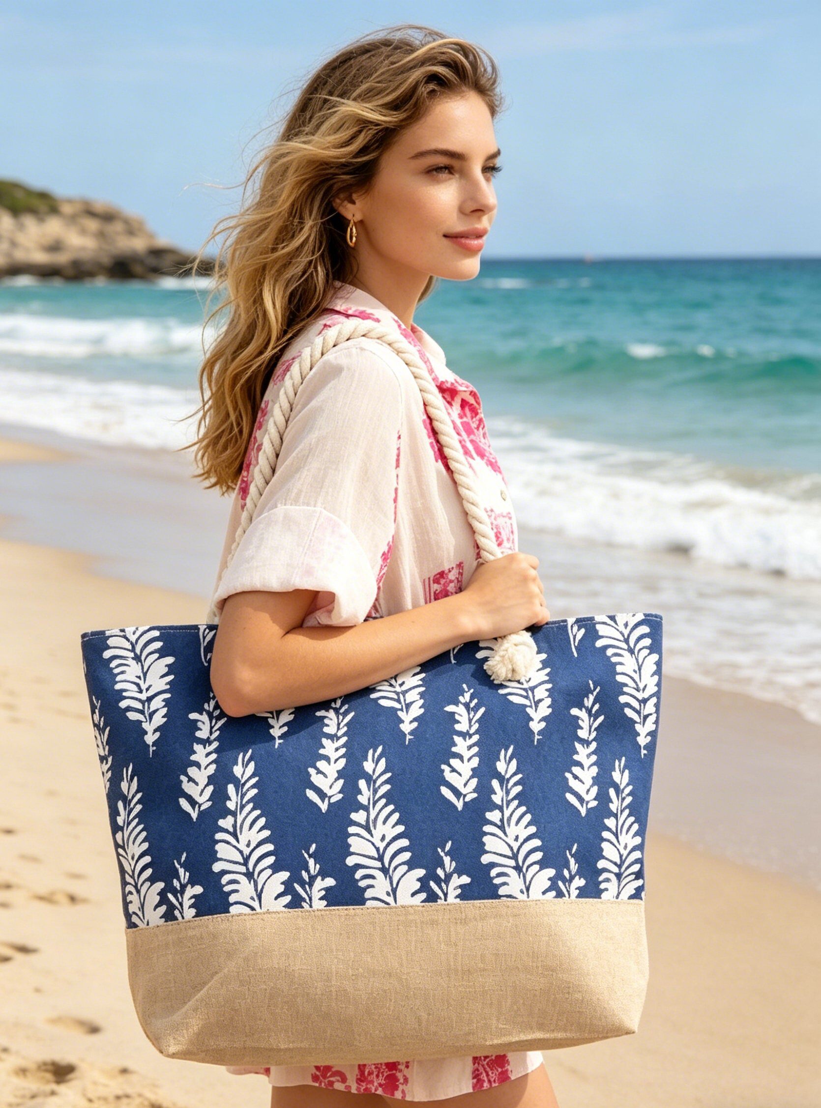 Grossiste M&P Accessoires - Sac cabas plage zippé imprimé feuilles