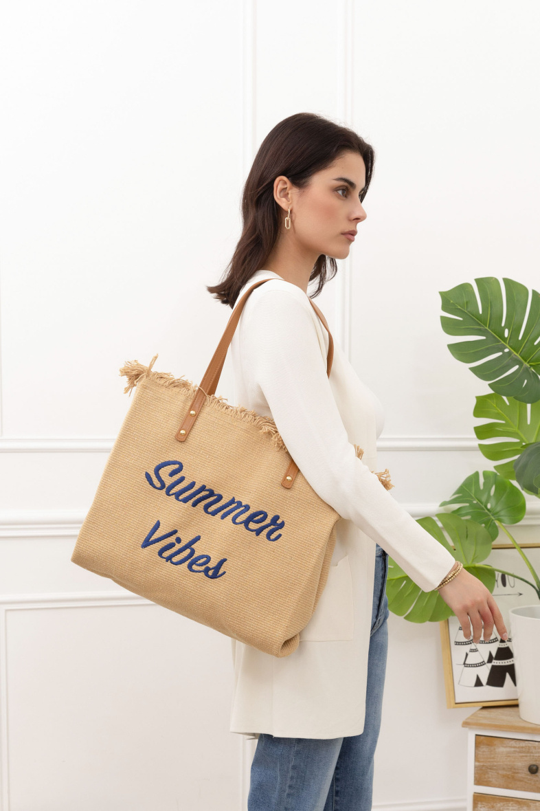 Mayorista M&P Accessoires - Bolso tote de algodón tejido liso con cremallera e inscripción SUMMER VIBES