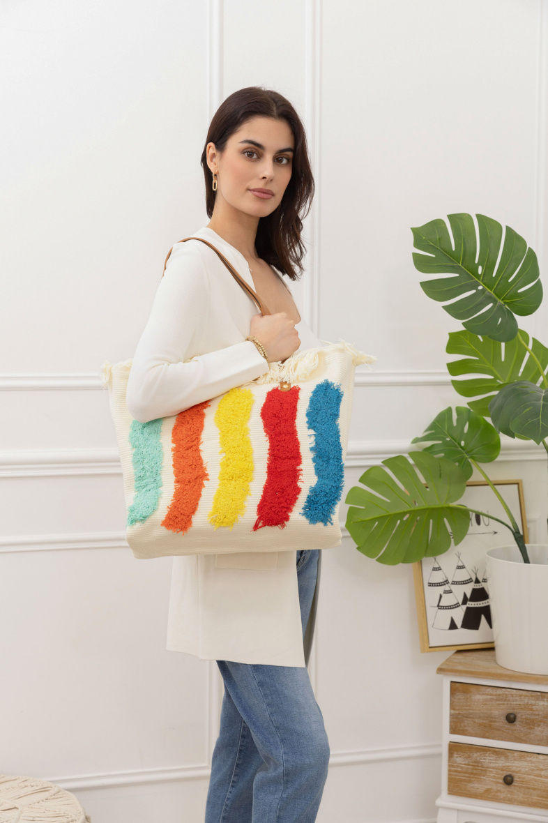 Mayorista M&P Accessoires - Bolso tote de algodón tejido con cremallera y borlas multicolores