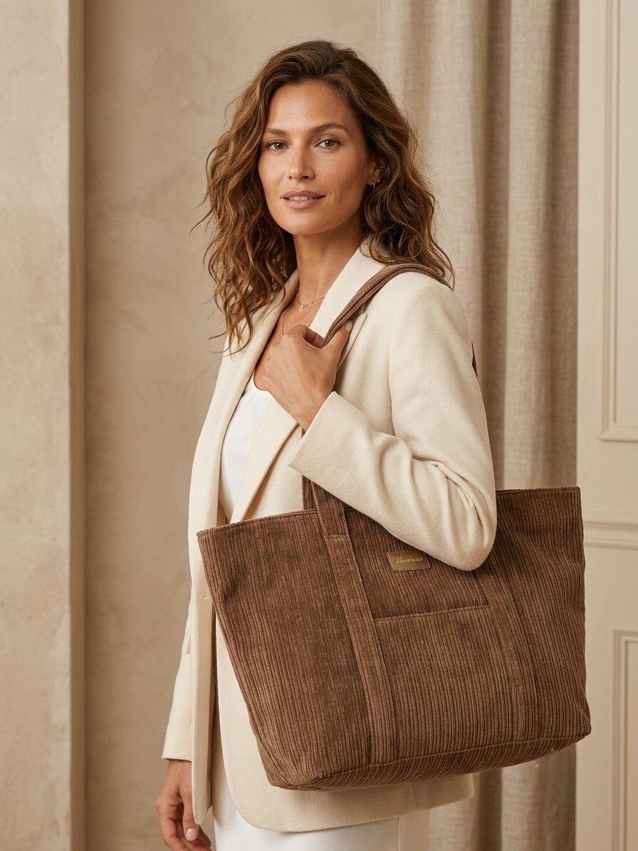 Großhändler M&P Accessoires - Unifarbene Cord-Shopper-Tasche mit Reißverschluss und Fronttasche