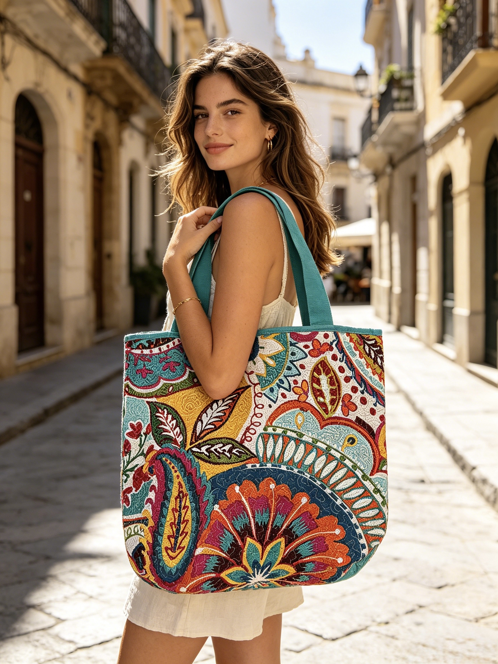 Grossista M&P Accessoires - Borsa tote in cotone trapuntato con stampa e zip, perfetta per la spiaggia o da portare a spalla