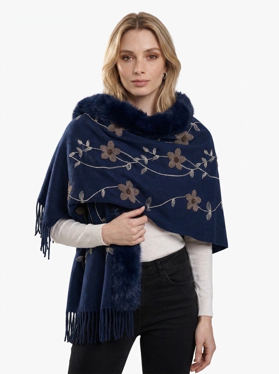 Grossiste Mac Moda - Poncho brodé fourrure synthétique