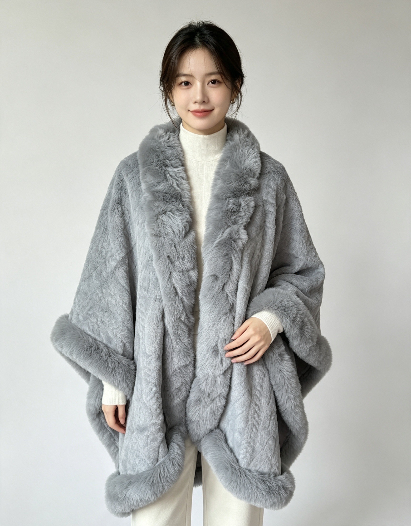 Grossista Mac Moda - Poncho con frange donna pelliccia con cappuccio