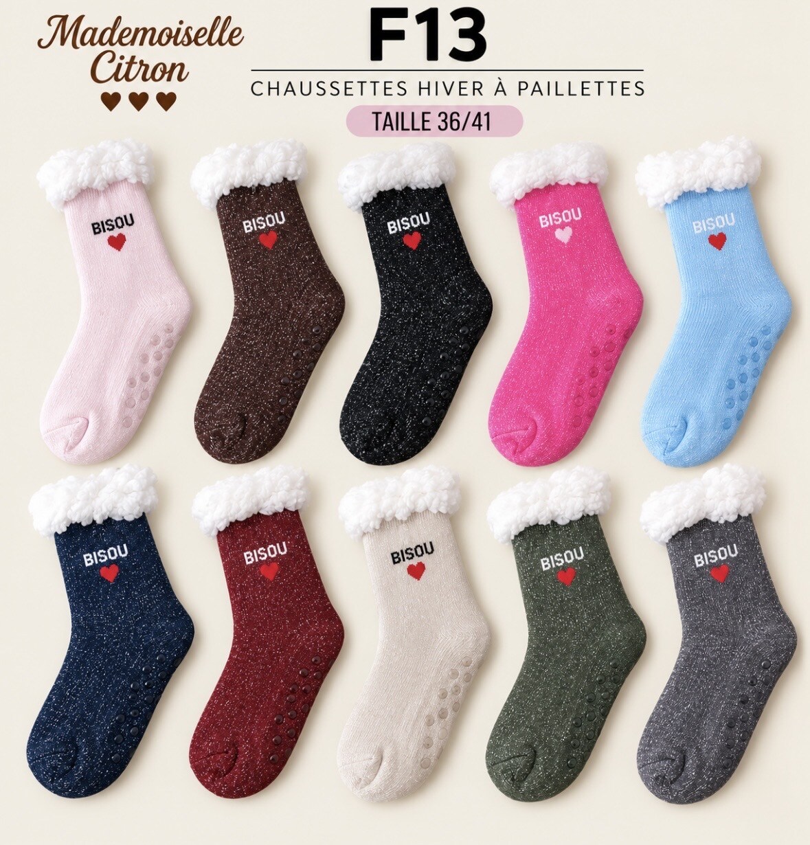 Wholesaler MADEMOISELLE CITRON - Christmas socks with sequins and women's message