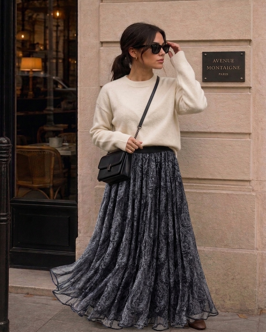 Grossista Madison - Gonna Lunga Svasata con Motivo Paisley Nero