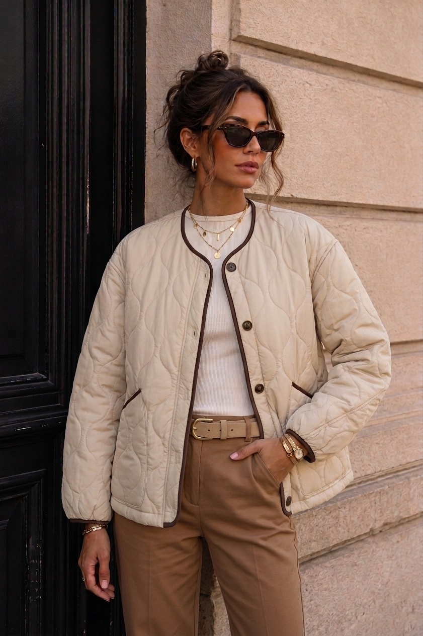 Mayorista Madison - Chaqueta acolchada ligera con cuello redondo en beige