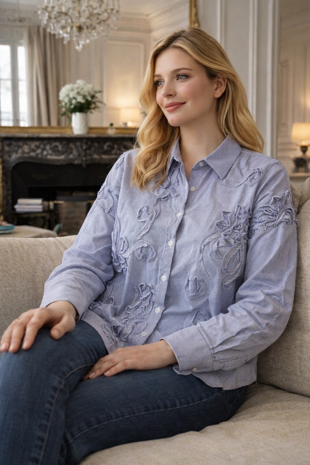Wholesaler MAELLE - Long sleeve cotton shirt with tone-on-tone fancy finishes M1525-5-2727 plus size