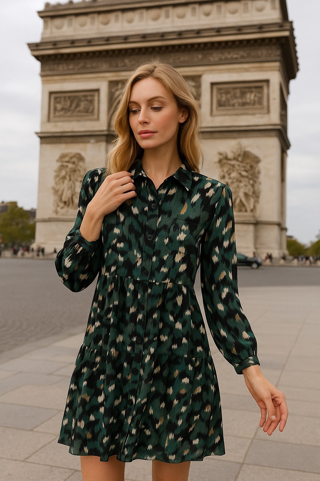 Grossiste MAELLE - Robe print courte à manches longues 275-1125