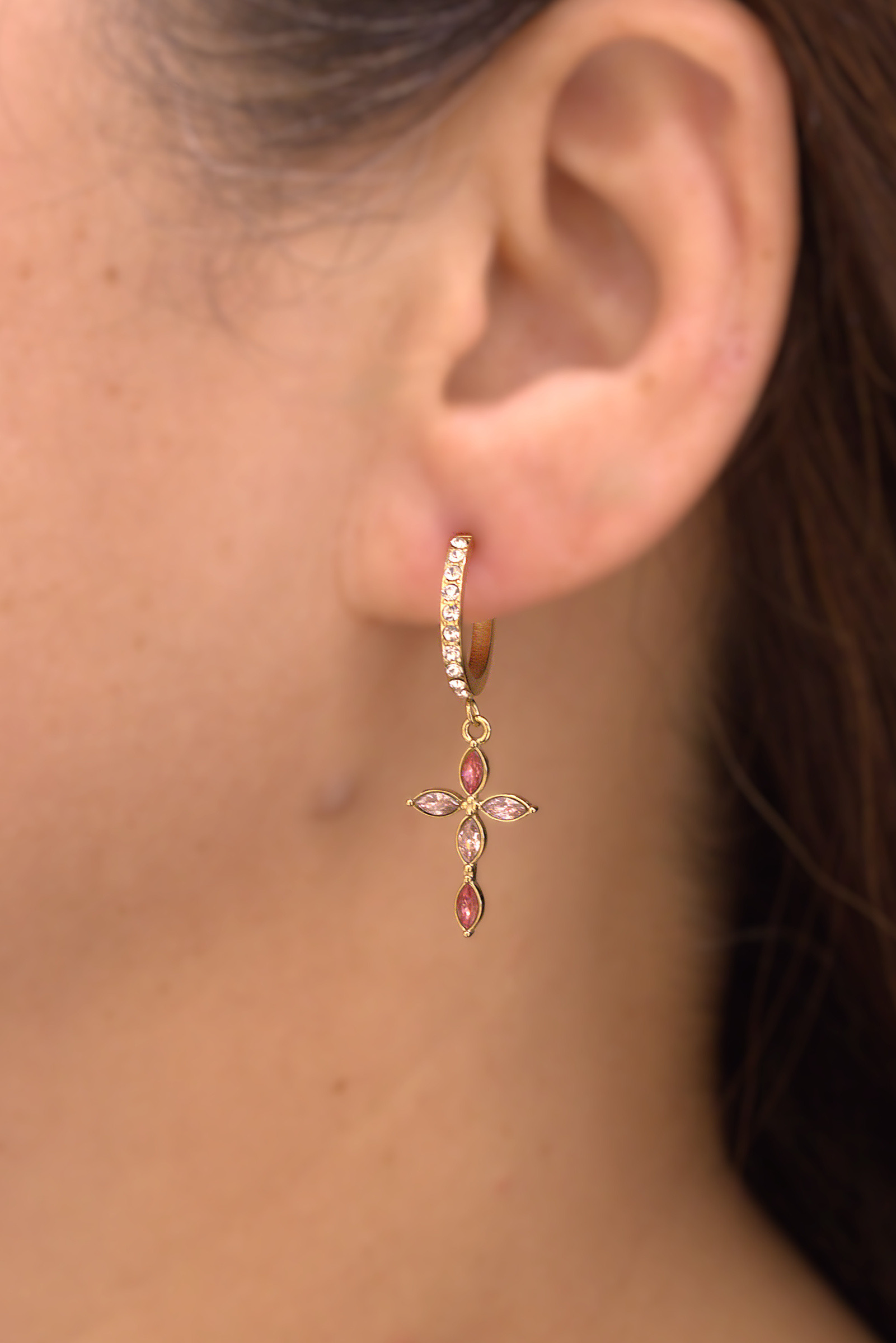 Wholesaler MAISON OKAMI - Fine dangling hoop earrings with natural stone crosses