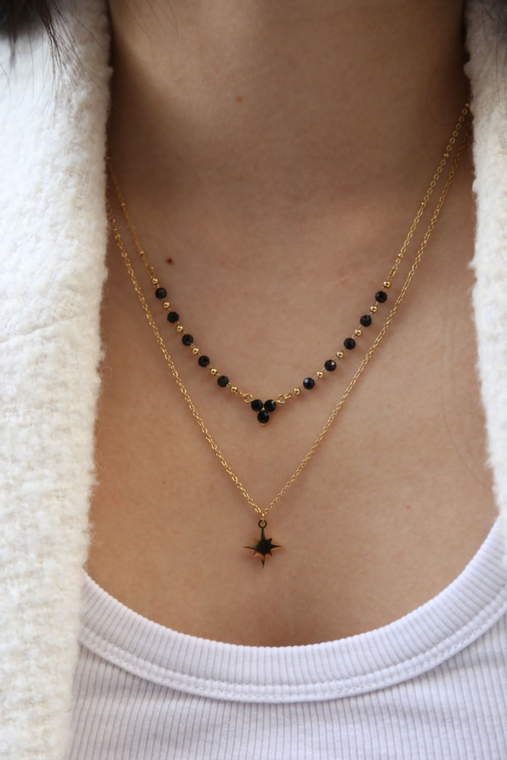 Wholesaler MAISON OKAMI - Double row necklace with stone beads and zirconium star pendant