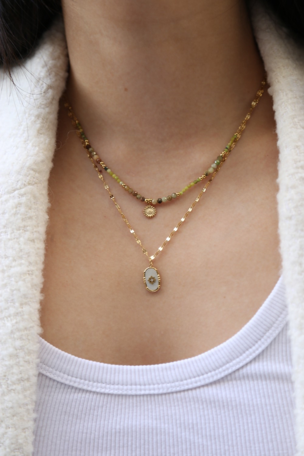 Wholesaler MAISON OKAMI - Double row necklace with natural stone beads and oval pendant