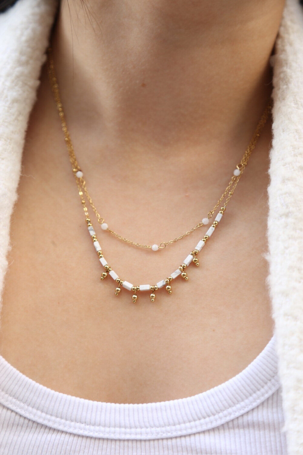 Wholesaler MAISON OKAMI - Double row necklace with natural stone beads and minimalist pendant