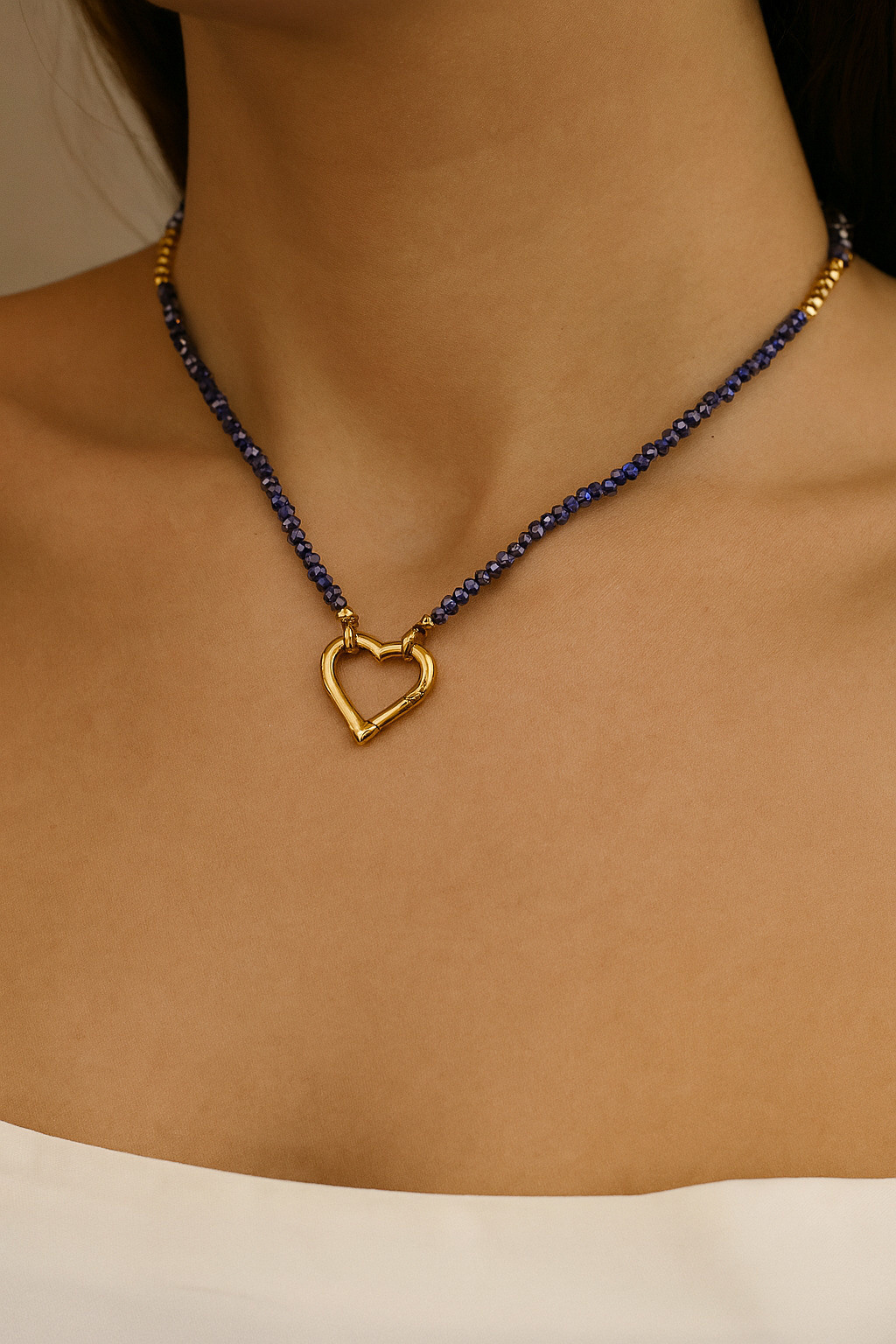 Wholesaler MAISON OKAMI - Double strand gold heart necklace - Faceted beads and removable pendant
