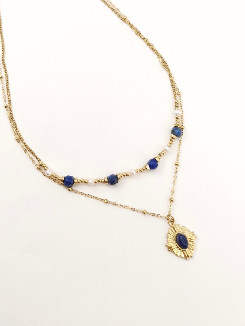 Wholesaler MAISON OKAMI - Double Row Necklace with Pendant and Natural Stones.