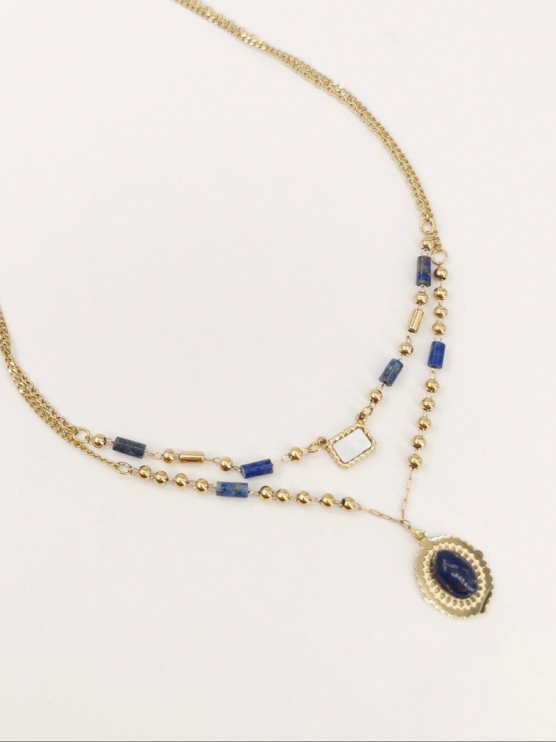 Wholesaler MAISON OKAMI - Double Row Necklace with Natural Stones and Oval Pendant.