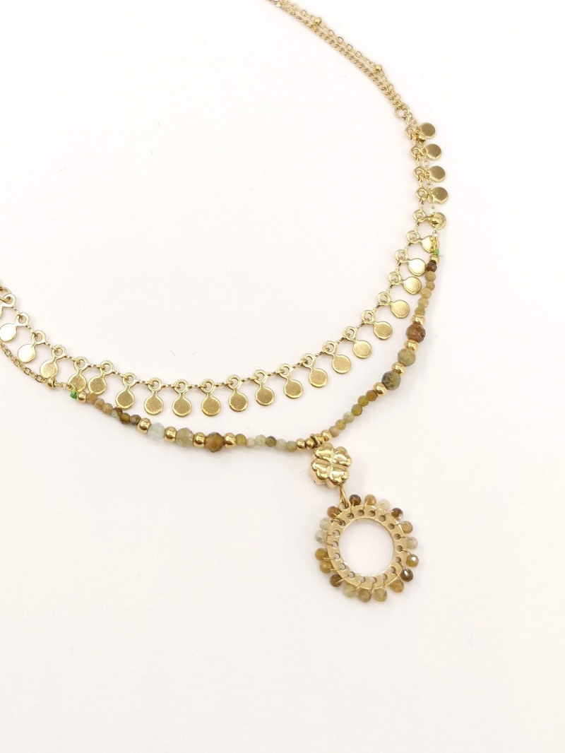 Wholesaler MAISON OKAMI - Double Row Natural Stone Necklace with Circle Pendant.