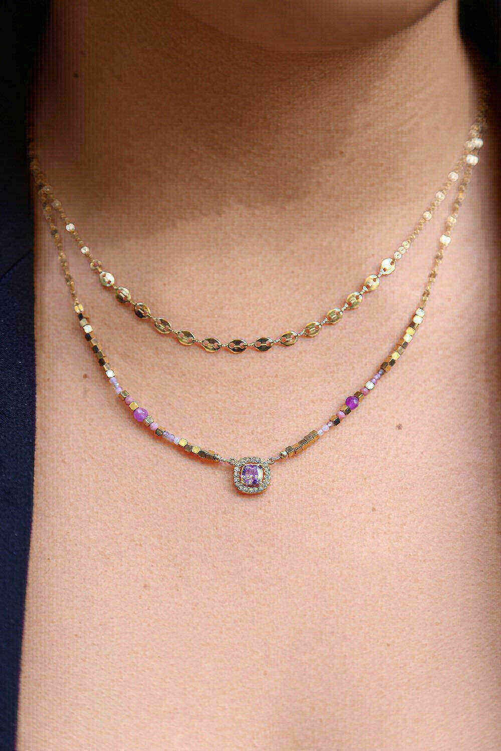Mayorista MAISON OKAMI - Collar de doble hilera con piedras facetadas y colgante brillante