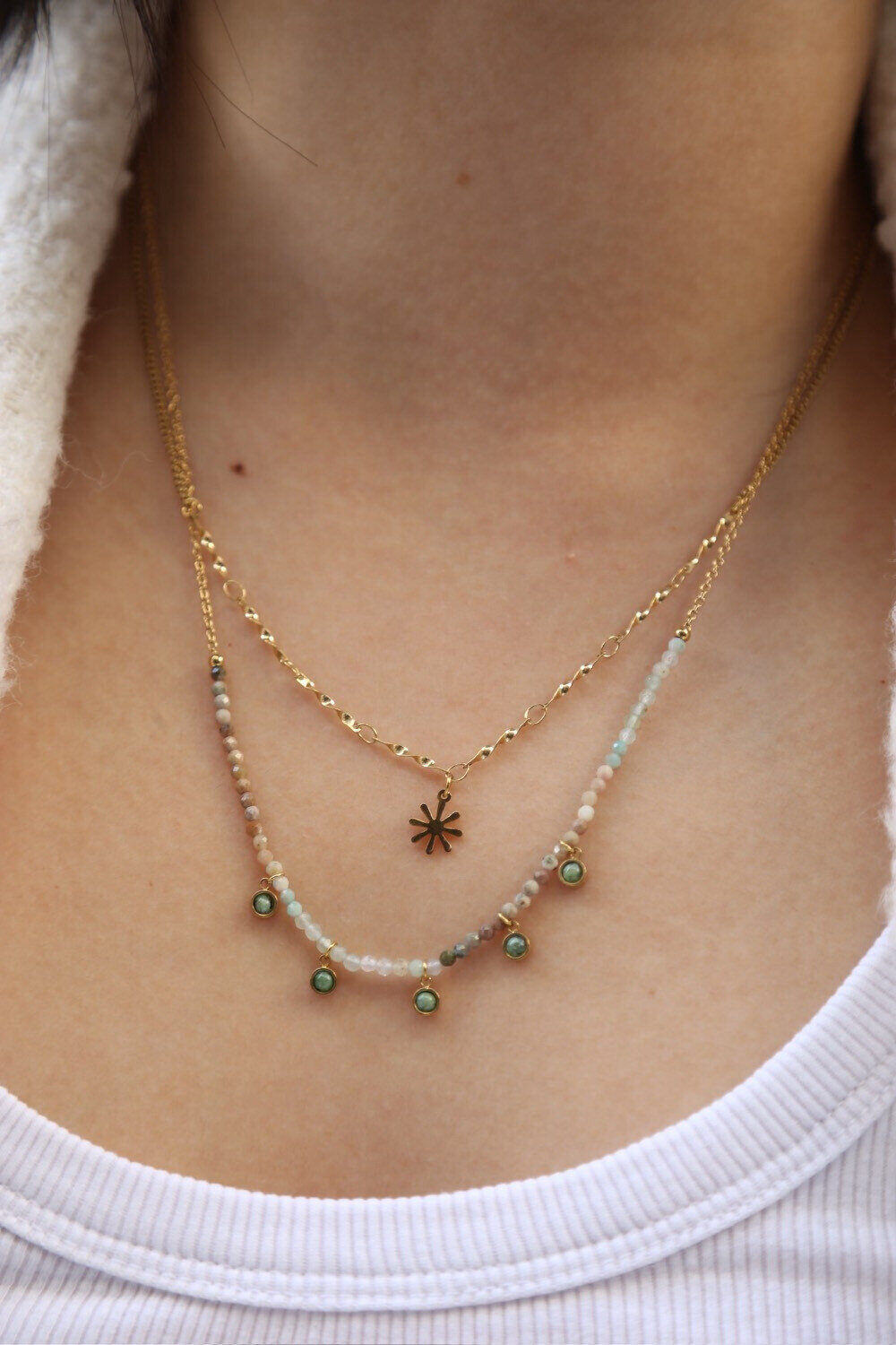 Wholesaler MAISON OKAMI - Double row necklace with star pendant and natural stone beads