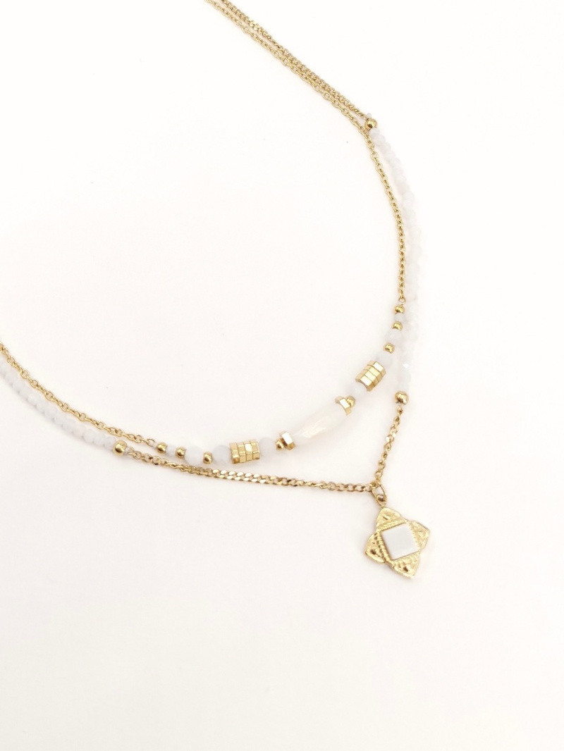 Wholesaler MAISON OKAMI - Double Row Necklace with Natural Stones and Geometric Pendant.