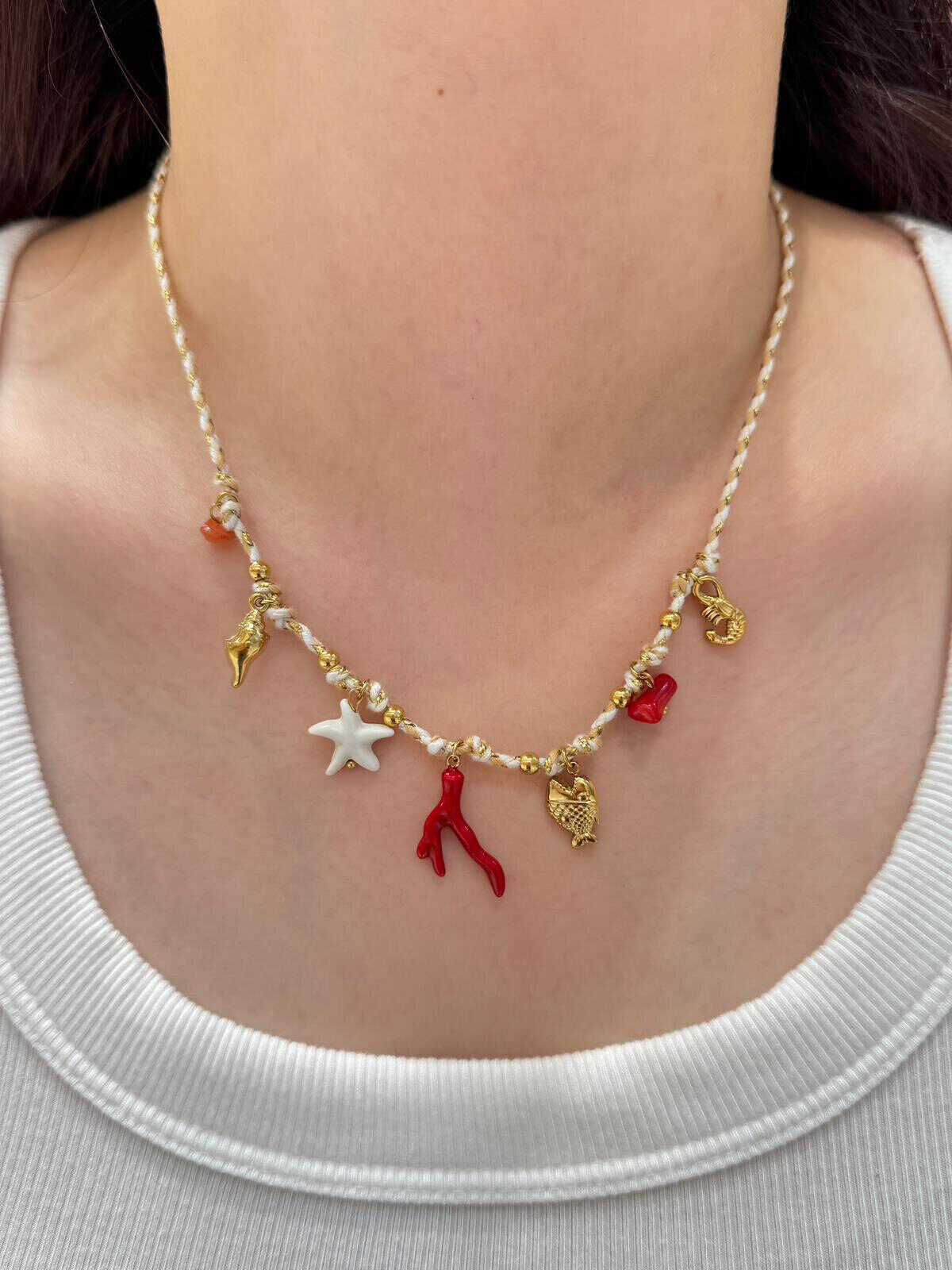 Wholesaler MAISON OKAMI - Marine charms necklace with coral cord star seashell - Bohemian chic look