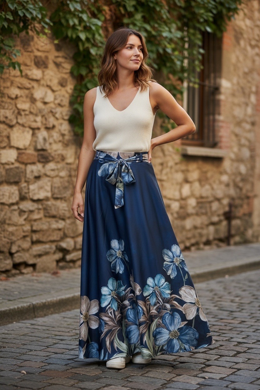 Mayorista MAISON-X - FALDA DE SATÉN CON CINTURÓN DE ESTAMPADO FLORAL
