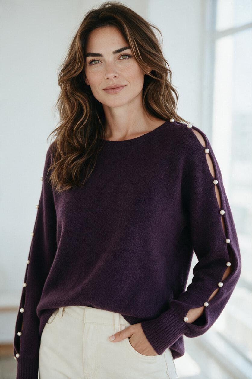Wholesaler MAISON-X - CREW NECK SWEATERS WITH PEARL-EMBELLISHED SHOULDERS AND SLEEVES